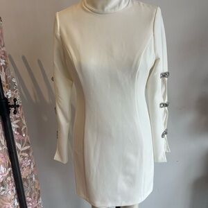 Jewel Badgley Mischka Cream Dress with Embellished Sleeves